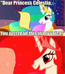 Size: 513x589 | Tagged: safe, edit, edited screencap, screencap, character:princess celestia, comic, image macro, impact font, implied twilight sparkle, letter, meme, red tint, screencap comic, text, this will end in tears and/or a journey to the moon, triggered, trollight sparkle
