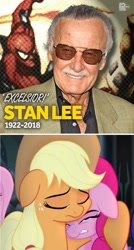 Size: 960x1796 | Tagged: safe, edit, edited screencap, screencap, character:applejack, character:pinkie pie, species:earth pony, species:human, species:pony, my little pony: the movie (2017), female, in memoriam, male, mare, obligatory pony, rest in peace, sad, stan lee
