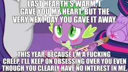 Size: 1920x1080 | Tagged: safe, edit, edited screencap, screencap, character:rarity, character:spike, character:twilight sparkle, character:twilight sparkle (alicorn), species:alicorn, species:pony, ship:sparity, episode:best gift ever, episode:hearth's warming eve, g4, my little pony: friendship is magic, anti-shipping, blushing, female, go to sleep garble, grammar error, guitar, hearth's warming, image macro, male, meme, one sided shipping, op is a duck, shipping, shitposting, singing, song reference, spikeabuse, straight, text, vulgar