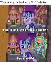 Size: 2000x2435 | Tagged: safe, edit, edited screencap, screencap, character:rainbow dash, character:scootaloo, character:snowfall frost, character:starlight glimmer, species:pegasus, species:pony, species:unicorn, episode:a hearth's warming tail, episode:hearth's warming eve, g4, my little pony: friendship is magic, discovery family logo, female, filly, image macro, magic, mare, meme, pun, sheepish grin, snow, telekinesis, text