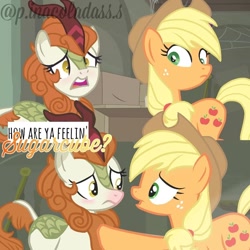 Size: 768x768 | Tagged: safe, edit, edited screencap, screencap, character:applejack, character:autumn blaze, species:earth pony, species:kirin, species:pony, ship:autumnjack, episode:sounds of silence, g4, my little pony: friendship is magic, applejack's hat, cardboard box, clothing, cowboy hat, female, hat, lesbian, red nosed, shipping, sick, stetson
