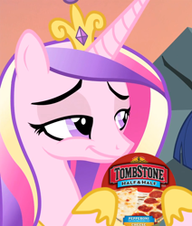 Size: 914x1080 | Tagged: safe, edit, edited screencap, screencap, character:princess cadance, species:pony, episode:three's a crowd, g4, my little pony: friendship is magic, cadance's pizza delivery, cheap, cheese, cropped, female, food, holding, meat, meme, peetzer, pepperoni, pepperoni pizza, pizza, ponies eating meat, smiling, smirk, smug, solo, that pony sure does love pizza