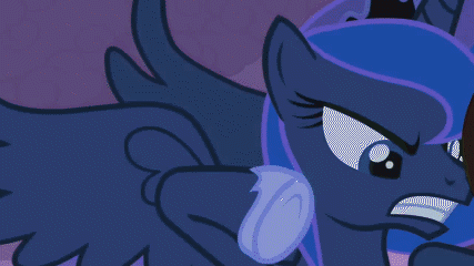 Size: 427x240 | Tagged: safe, edit, edited screencap, screencap, character:princess luna, species:alicorn, species:pony, episode:luna eclipsed, g4, my little pony: friendship is magic, animated, black shadow, explosion, f-zero, falcon punch, female, frown, gif, glare, gritted teeth, luna punch, mare, punch, spread wings, wings