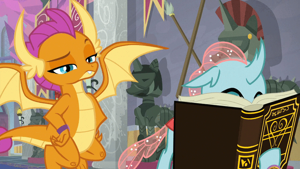 Size: 960x540 | Tagged: safe, edit, edited screencap, screencap, character:ocellus, character:smolder, species:changedling, species:changeling, species:dragon, species:reformed changeling, episode:a matter of principals, g4, my little pony: friendship is magic, animated, armor, book, bookworm, cute, diaocelles, flying, gif, loop, reading, school of friendship