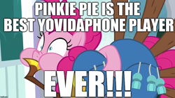 Size: 1280x720 | Tagged: safe, edit, edited screencap, screencap, character:pinkie pie, episode:yakity-sax, g4, my little pony: friendship is magic, blatant lies, excessive exclamation marks, image macro, lies, meme, text, yovidaphone