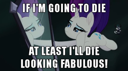 Size: 480x268 | Tagged: safe, edit, screencap, character:rarity, character:storm king, species:pony, species:unicorn, my little pony: the movie (2017), and then there's rarity, bobblehead, fabulous, falling, female, image macro, mare, meme, mirror, narcissism, rarity being rarity, skewed priorities, solo, text