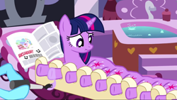 Size: 1920x1080 | Tagged: safe, edit, edited screencap, screencap, character:lotus blossom, character:princess celestia, character:twilight sparkle, character:twilight sparkle (unicorn), species:pony, species:unicorn, episode:ponyville confidential, g4, my little pony: friendship is magic, cake, cakelestia, centipony, concerned, female, food, hoof polish, hoof spongey thing, hooficure, mare, newspaper, not salmon, ponyville spa, scrunch, scrunchy face, spa, twilipede, wat, what has science done