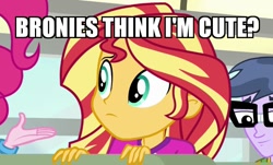 Size: 649x393 | Tagged: safe, edit, screencap, character:microchips, character:pinkie pie, character:sunset shimmer, equestria girls:legend of everfree, g4, my little pony: equestria girls, my little pony:equestria girls, bronybait, cropped, cute, frown, image macro, meme, shimmerbetes, smiling, solo focus, text