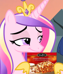 Size: 914x1080 | Tagged: safe, edit, edited screencap, screencap, character:princess cadance, species:pony, episode:three's a crowd, g4, my little pony: friendship is magic, cropped, female, food, holding, lasagna, meat, meme, pasta, ponies eating meat, smiling, smirk, smug, solo