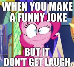 Size: 792x720 | Tagged: safe, edit, edited screencap, screencap, character:applejack, character:pinkie pie, episode:the one where pinkie pie knows, g4, my little pony: friendship is magic, comedy, faec, funny, image macro, joke, meme, reaction image, solo focus, text