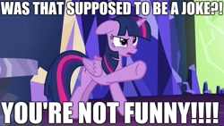 Size: 1280x720 | Tagged: safe, edit, edited screencap, screencap, character:twilight sparkle, character:twilight sparkle (alicorn), species:alicorn, species:pony, episode:what about discord?, g4, my little pony: friendship is magic, dude not funny (reaction image), excessive exclamation marks, female, funny, image macro, joke, meme, reaction image, solo, text, unfunny