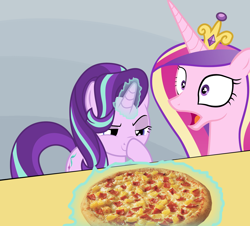 Size: 1280x1158 | Tagged: safe, edit, edited screencap, screencap, character:princess cadance, character:starlight glimmer, species:alicorn, species:pony, species:unicorn, absolutely disgusting, boop, crossing the memes, duo, everything is ruined, female, food, glimmerposting, ham, magic, mare, meat, meme, peetzer, pineapple pizza, pizza, pure unfiltered evil, self-boop, shocked, surprised, that pony sure does love pineapple pizza, totally legit recap, wat
