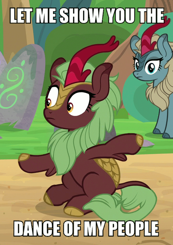Size: 723x1026 | Tagged: safe, edit, edited screencap, screencap, character:cinder glow, character:sparkling brook, character:summer flare, species:kirin, episode:sounds of silence, g4, my little pony: friendship is magic, animated, background kirin, caption, charades, cloven hooves, cropped, female, flailing, frown, gif, gif with captions, hooves, image macro, impact font, leg fluff, let me show you the dance of my people, meme, silly, sitting, song of my people, text, wide eyes