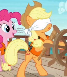 Size: 894x1024 | Tagged: safe, edit, edited screencap, screencap, character:applejack, character:pinkie pie, species:earth pony, species:pony, episode:p.p.o.v. (pony point of view), g4, my little pony: friendship is magic, bipedal, blindfold, boat, female, frown, lifejacket, mare, open mouth, safe word, smiling