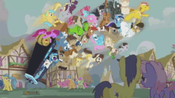 Size: 1280x720 | Tagged: safe, edit, edited screencap, screencap, character:aloe, character:berry punch, character:berryshine, character:button mash, character:carrot cake, character:comet tail, character:dance fever, character:dj pon-3, character:filthy rich, character:gummy, character:hayseed turnip truck, character:hugh jelly, character:lemon hearts, character:lotus blossom, character:matilda, character:merry may, character:minuette, character:octavia melody, character:pokey pierce, character:rainbowshine, character:sunshower raindrops, character:thunderlane, character:truffle shuffle, character:vinyl scratch, species:pony, episode:slice of life, g4, my little pony: friendship is magic, ace, animated, crafty crate, cupcake, food, gummy the deep thinker, kazuhira miller, lot of ponies, meme, metal gear, shitposting, sound, tags galore, webm, why are we still here? just to suffer?