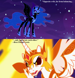 Size: 912x950 | Tagged: safe, edit, edited screencap, screencap, character:daybreaker, character:nightmare moon, character:princess celestia, character:princess luna, species:alicorn, species:pony, episode:a royal problem, g4, my little pony: friendship is magic, c.s. lewis, cropped, crown, ethereal mane, galaxy mane, hoof shoes, jewelry, mane of fire, regalia, text