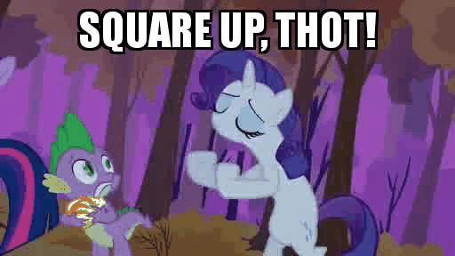 Size: 512x288 | Tagged: safe, edit, edited screencap, screencap, character:rarity, episode:dragon quest, g4, my little pony: friendship is magic, animated, caption, female, fight, fight stance, gif, gif with captions, meme, reaction gif, shitposting, solo, thot, vulgar