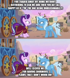 Size: 988x1106 | Tagged: safe, edit, edited screencap, screencap, character:starlight glimmer, character:trixie, episode:on the road to friendship, angry, argument, caption, duo, hoo'far's wagon, image macro, meme, reference, text, the simpsons, trixie yells at everything, wagon