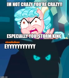 Size: 500x562 | Tagged: safe, edit, edited screencap, screencap, character:cozy glow, character:storm king, species:pegasus, species:pony, episode:school raze, episode:what lies beneath, g4, my little pony: friendship is magic, my little pony: the movie (2017), angry, cozy glow is best facemaker, cozybetes, crazy glow, cute, deranged, dragonball z abridged, faec, female, filly, foal, ghost nappa, great moments in animation, insanity, meme, nappa, open mouth, screaming, solo, vegeta