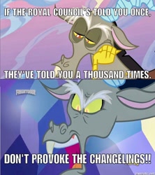 Size: 894x1006 | Tagged: safe, edit, edited screencap, screencap, character:discord, species:draconequus, episode:to where and back again, g4, my little pony: friendship is magic, angry, borg, caption, comic, disqord, image macro, implied changeling, male, q, screencap comic, solo, star trek, star trek: voyager, text, voice actor joke