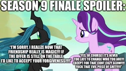 Size: 1280x720 | Tagged: safe, edit, edited screencap, screencap, character:queen chrysalis, character:starlight glimmer, species:changeling, species:pony, species:unicorn, episode:to where and back again, g4, my little pony: friendship is magic, season 9, caption, changeling queen, cunt, duo, edgy, excessive exclamation marks, fake, female, hilarious in hindsight, image macro, implied cozy glow, mare, op is a duck, op is trying to start shit, redemption, reformed, text, vulgar