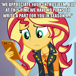 Size: 1000x1000 | Tagged: safe, edit, screencap, character:sunset shimmer, episode:a fine line, g4, my little pony: equestria girls, my little pony:equestria girls, caption, cropped, drama, female, geode of empathy, image macro, magical geodes, solo, text