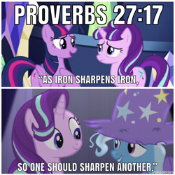 Size: 1200x1200 | Tagged: safe, edit, edited screencap, screencap, character:starlight glimmer, character:trixie, character:twilight sparkle, species:alicorn, species:pony, species:unicorn, episode:no second prances, g4, my little pony: friendship is magic, bible verse, caption, christianity, female, mare, positive ponies, religion, text