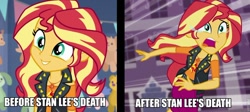 Size: 960x429 | Tagged: safe, edit, edited screencap, screencap, character:sunset shimmer, equestria girls:forgotten friendship, equestria girls:rollercoaster of friendship, g4, my little pony: equestria girls, my little pony:equestria girls, before and after, caption, geode of empathy, image macro, magical geodes, marvel, op is a duck, stan lee, tasteless, text