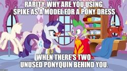 Size: 888x499 | Tagged: safe, edit, edited screencap, screencap, character:rarity, character:spike, species:dragon, episode:molt down, g4, my little pony: friendship is magic, caption, carousel boutique, clothing, crossdressing, dress, impact font, ponyquin, winged spike, wings