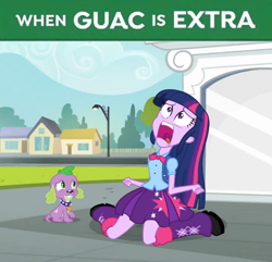 Size: 794x764 | Tagged: safe, edit, edited screencap, screencap, character:spike, character:twilight sparkle, species:dog, equestria girls:equestria girls, g4, my little pony: equestria girls, my little pony:equestria girls, exploitable meme, forced meme, meme, ponified meme, screaming, spike the dog, the grinch, truth, twiscream, when guac is extra