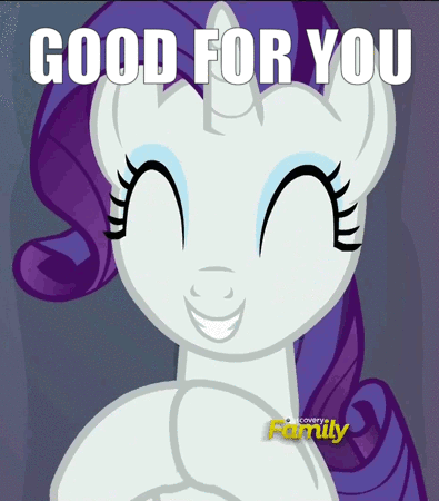 Size: 395x450 | Tagged: safe, edit, edited screencap, screencap, character:rarity, species:pony, species:unicorn, episode:gauntlet of fire, g4, my little pony: friendship is magic, animated, caption, clapping, cropped, cute, discovery family logo, eyes closed, female, gif, gif with captions, good for you, happy, image macro, impact font, mare, raribetes, reaction gif, sarcasm, smiling, solo, talking to viewer, text