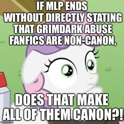 Size: 500x500 | Tagged: safe, edit, edited screencap, screencap, character:sweetie belle, species:pony, species:unicorn, episode:ponyville confidential, g4, my little pony: friendship is magic, caption, exploitable meme, fanfic, female, filly, image macro, implied abuse, insane troll logic, obligatory pony, question, solo, sudden clarity sweetie belle, text