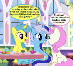 Size: 495x450 | Tagged: safe, edit, edited screencap, screencap, character:lemon hearts, character:minuette, character:twinkleshine, episode:amending fences, g4, my little pony: friendship is magic, adorableshine, chess, cropped, cute, dialogue, donut, food, idw micro series, implied giddilee, lemonbetes, minubetes, reminiscing, speech bubble