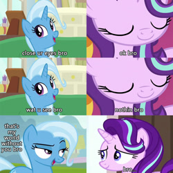 Size: 1200x1200 | Tagged: safe, edit, edited screencap, screencap, character:starlight glimmer, character:trixie, species:pony, species:unicorn, ship:startrix, bro posts, bromance, c:, comic, cute, eye contact, eyes closed, female, lesbian, lidded eyes, looking at each other, mare, meme, raised eyebrow, shipping, smiling