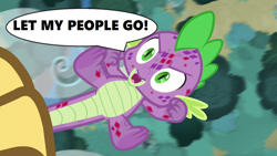 Size: 1280x720 | Tagged: safe, edit, edited screencap, screencap, character:spike, species:bird, species:dragon, species:roc, episode:molt down, g4, my little pony: friendship is magic, season 8, airborne, angry, bible, dialogue, exodus, molting, moses, prince of egypt, quote, speech bubble, stone scales, talons, text, tree, yelling