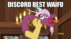 Size: 640x359 | Tagged: safe, edit, edited screencap, screencap, character:discord, species:draconequus, episode:discordant harmony, g4, my little pony: friendship is magic, caption, cute, derp, discovery family logo, discute, faec, male, meme, solo, text, waifu