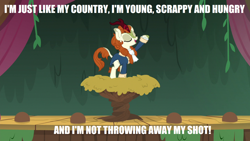 Size: 1280x720 | Tagged: safe, edit, edited screencap, screencap, character:autumn blaze, species:pony, episode:sounds of silence, g4, my little pony: friendship is magic, caption, curtain, female, hamilton, image macro, impact font, my shot, nest, raised hoof, reference, solo, song reference, stage, text