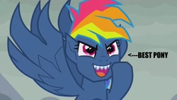Size: 1280x720 | Tagged: safe, edit, edited screencap, screencap, character:evil pie hater dash, character:rainbow dash, episode:secrets and pies, g4, my little pony: friendship is magic, adorabolical, arrow, best pony, caption, cute, cute little fangs, evil grin, fangs, flying, grin, image macro, impact font, smiling, text