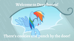 Size: 2000x1130 | Tagged: safe, edit, edited screencap, screencap, character:rainbow dash, species:pegasus, species:pony, derpibooru, episode:the ticket master, g4, my little pony: friendship is magic, captain hook the biker gorilla, caption, cloud, cloudy, eyes closed, female, image macro, mare, meta, open mouth, rain, rainbow dash presents, raincloud, smiling, solo, sunshine, text, weather, welcome