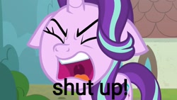 Size: 1280x720 | Tagged: safe, edit, edited screencap, screencap, character:starlight glimmer, species:pony, species:unicorn, episode:the parent map, g4, eyes closed, female, floppy ears, mare, reaction image, shut up, solo, text edit