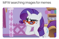 Size: 1408x936 | Tagged: safe, edit, edited screencap, screencap, character:rarity, species:pony, episode:suited for success, g4, my little pony: friendship is magic, ..., caption, female, glasses, hmm, hoof on chin, lidded eyes, meme, meta, pouting, solo, thinking
