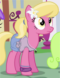 Size: 404x526 | Tagged: safe, edit, edited screencap, screencap, character:lily, character:lily valley, species:earth pony, species:pony, episode:a friend in deed, g4, my little pony: friendship is magic, background pony, bracelet, clothes edit, clothing, cropped, female, flower, flower in hair, jewelry, lily (flower), mare, necklace, ponytail, shirt, shorts, solo focus