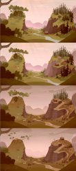 Size: 1440x3237 | Tagged: safe, edit, edited screencap, screencap, episode:the hooffields and mccolts, g4, my little pony: friendship is magic, cabin, collage, deforestation, environmental damage, no pony, pine tree, pumpkin, river, scenery, sepia, sequence, smokey mountains, stream, tent, tree, valley