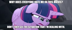 Size: 1187x500 | Tagged: safe, edit, edited screencap, screencap, character:twilight sparkle, character:twilight sparkle (alicorn), species:alicorn, species:pony, my little pony: the movie (2017), caption, crying, female, folded wings, horn, image macro, imgflip, lightly watermarked, mare, rock, sad, solo, text, watermark, wings