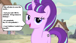 Size: 1258x720 | Tagged: safe, edit, edited screencap, screencap, character:starlight glimmer, episode:the cutie map, g4, my little pony: friendship is magic, season 5, bangs, cloud, cottage, dialogue, equality mark, female, five iron frenzy, lyrics, music notes, my evil plan to save the world, open mouth, s5 starlight, singing, solo, song reference, speech bubble, starlight's village, text