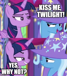 Size: 500x562 | Tagged: safe, edit, edited screencap, screencap, character:trixie, character:twilight sparkle, character:twilight sparkle (alicorn), species:alicorn, species:pony, ship:twixie, episode:no second prances, g4, my little pony: friendship is magic, caption, comic, female, image macro, lesbian, meme, screencap comic, shipping, text, trixie yells at everything