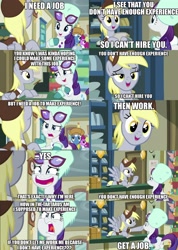 Size: 2376x3340 | Tagged: safe, edit, edited screencap, screencap, character:berry punch, character:berryshine, character:derpy hooves, character:pokey pierce, character:rarity, species:pegasus, species:pony, species:unicorn, episode:best gift ever, g4, my little pony: friendship is magic, accurate, angry, angry face, boop, caption, catch 22, clothing, comic, glasses, gloves, grammar error, hat, image macro, job, loop, meme, nervous grin, noseboop, paradox, post office, real life dilemma, real life scenery, sad but true, screencap comic, smiling, text, the truth, work