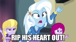 Size: 640x357 | Tagged: safe, edit, edited screencap, screencap, character:fuchsia blush, character:lavender lace, character:trixie, my little pony:equestria girls, caption, image macro, meme, text, trixie yells at everything