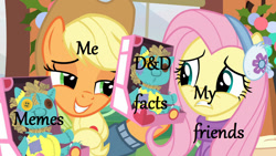 Size: 1280x720 | Tagged: safe, edit, edited screencap, screencap, character:applejack, character:fluttershy, species:earth pony, species:pegasus, species:pony, episode:best gift ever, g4, my little pony: friendship is magic, dungeons and dragons, female, holly the hearths warmer doll, mare, meme, pen and paper rpg, rpg
