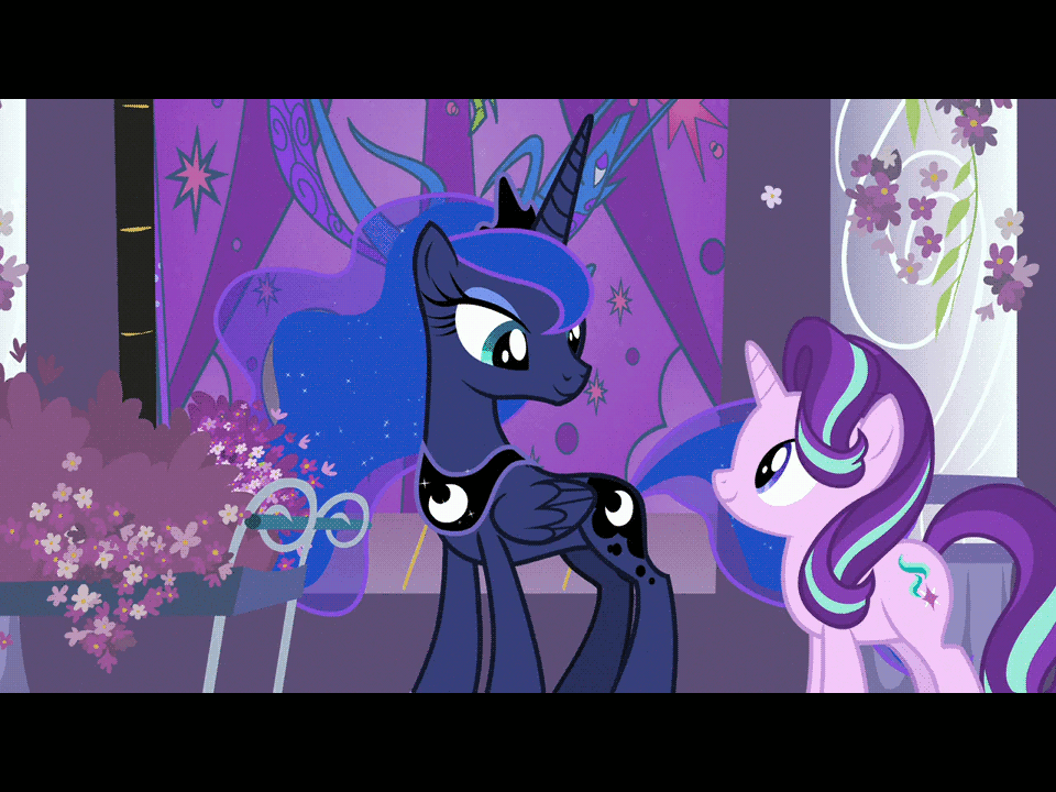 Size: 960x720 | Tagged: safe, edit, edited screencap, screencap, character:princess luna, character:starlight glimmer, episode:a royal problem, g4, my little pony: friendship is magic, animated, canterlot castle, caption, cart, cute, flower, gif, lavender, levitation, magic, night, pillar, smiling, sniffing, stained glass, telekinesis, text, that pony sure does love lavender